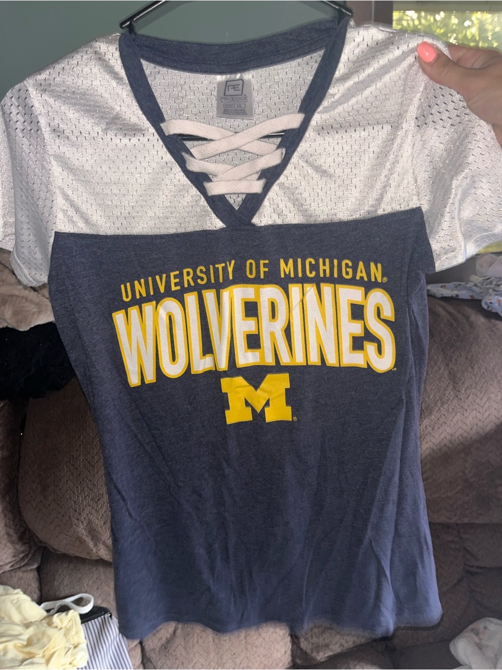 Pro Edge Navy and White Lace-Up V-Neck Wolverines Tee